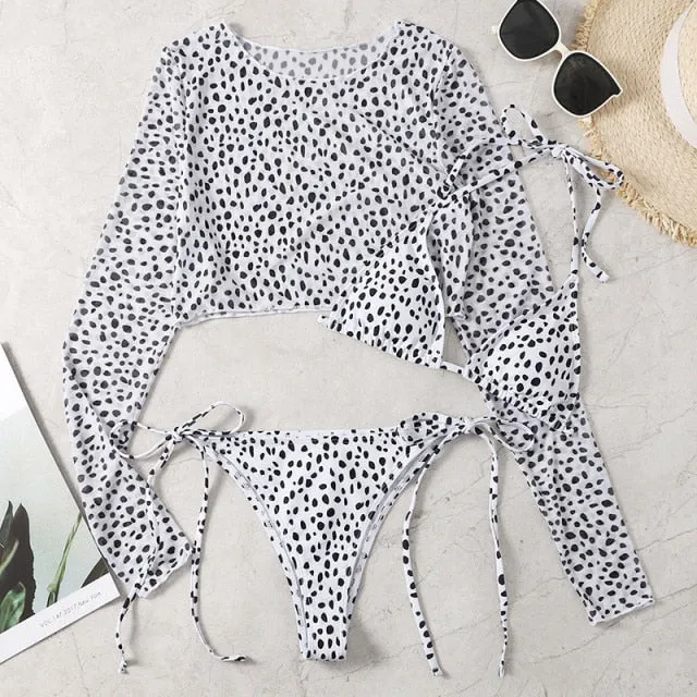 Long Sleeves Leopard Print Low Waist Bikini Bathing Swimsuit for Women