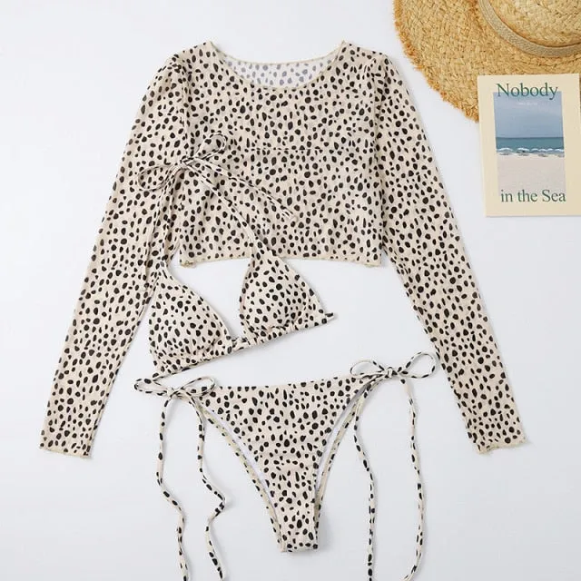 Long Sleeves Leopard Print Low Waist Bikini Bathing Swimsuit for Women