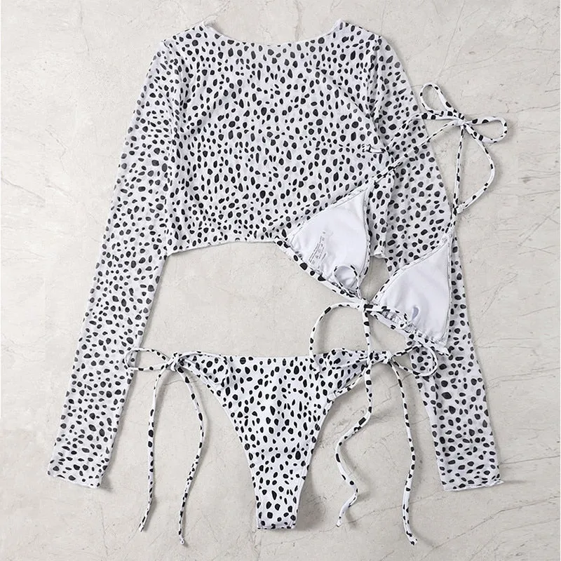 Long Sleeves Leopard Print Low Waist Bikini Bathing Swimsuit for Women