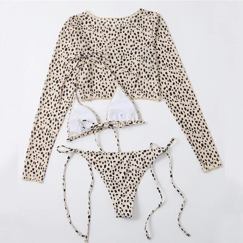 Long Sleeves Leopard Print Low Waist Bikini Bathing Swimsuit for Women