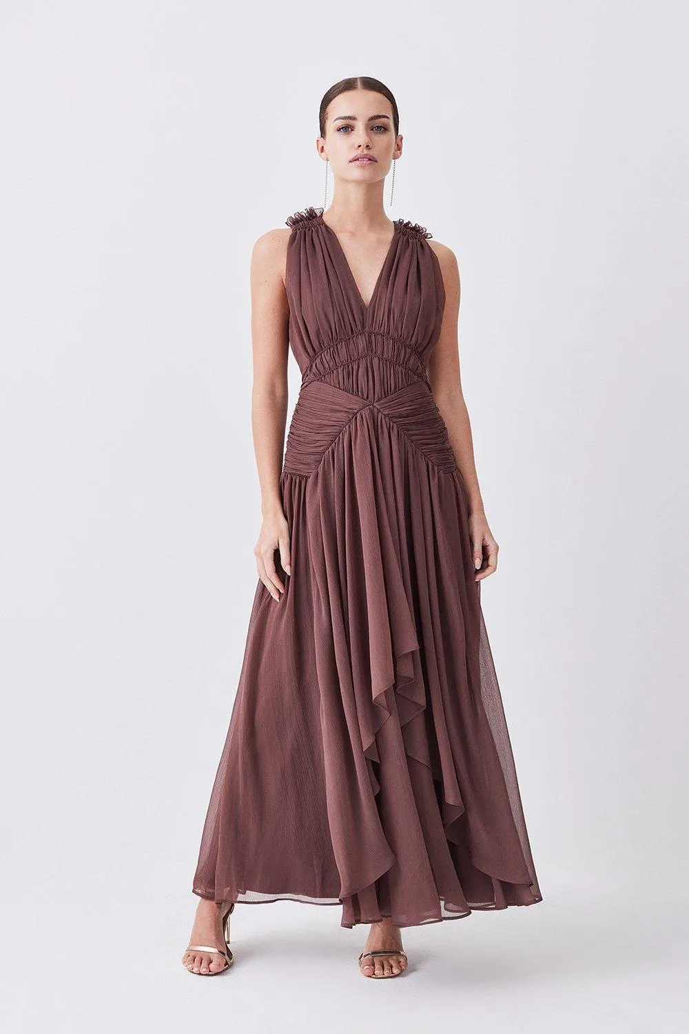 Lydia Millen Petite Crinkle Satin Chiffon Woven Maxi Dress | Karen Millen