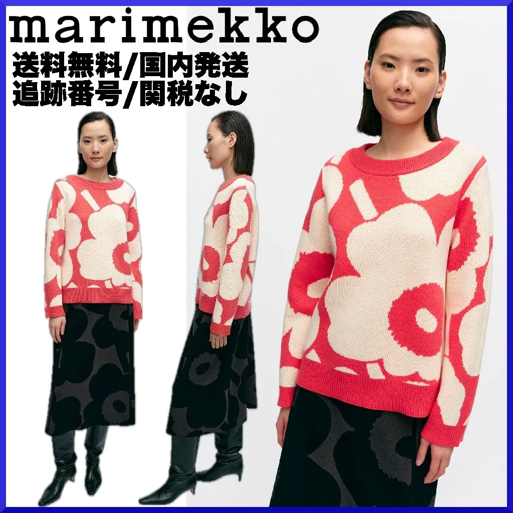 marimekko  |Flower Patterns Casual Style Wool Nylon Rib Boat Neck