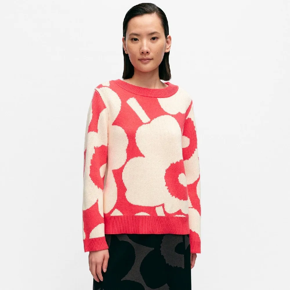 marimekko  |Flower Patterns Casual Style Wool Nylon Rib Boat Neck