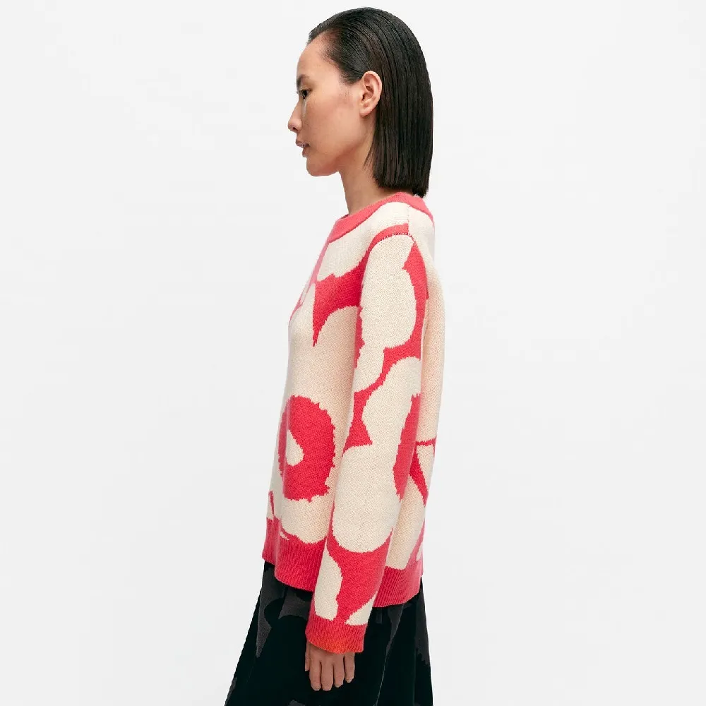 marimekko  |Flower Patterns Casual Style Wool Nylon Rib Boat Neck