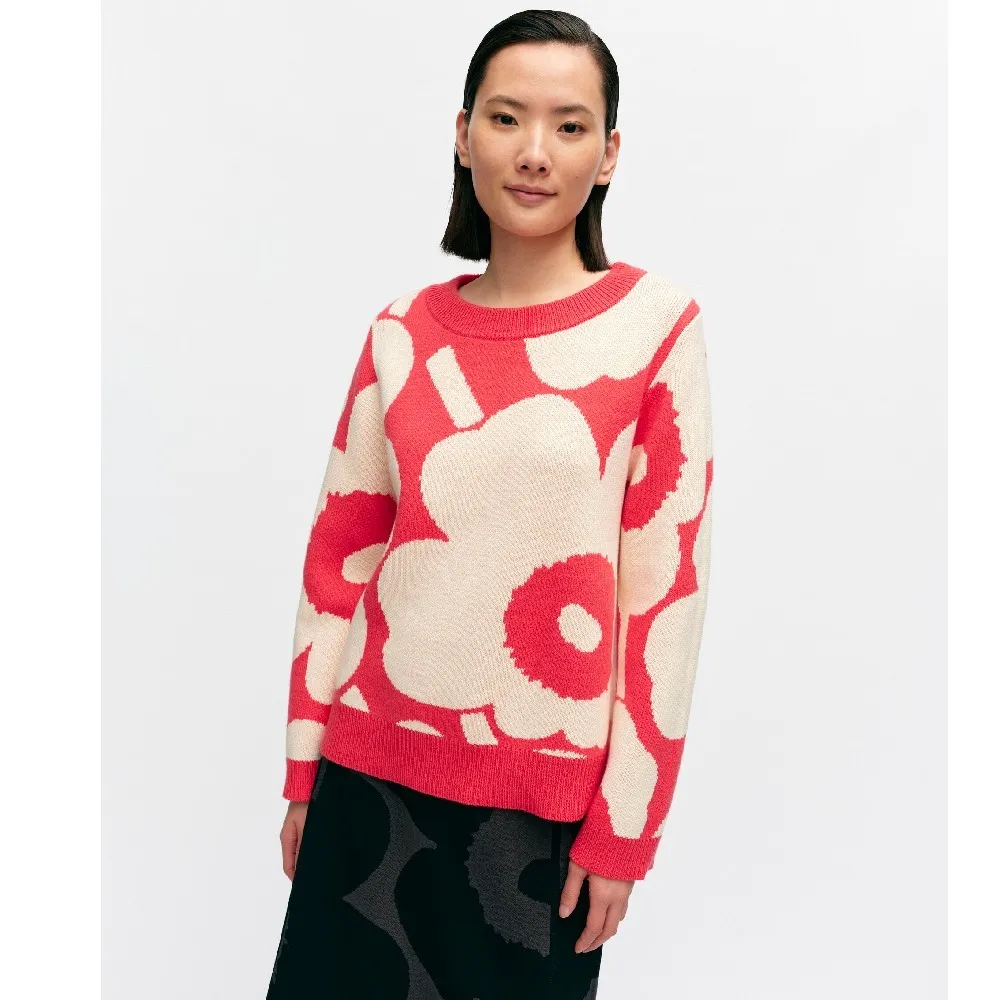 marimekko  |Flower Patterns Casual Style Wool Nylon Rib Boat Neck