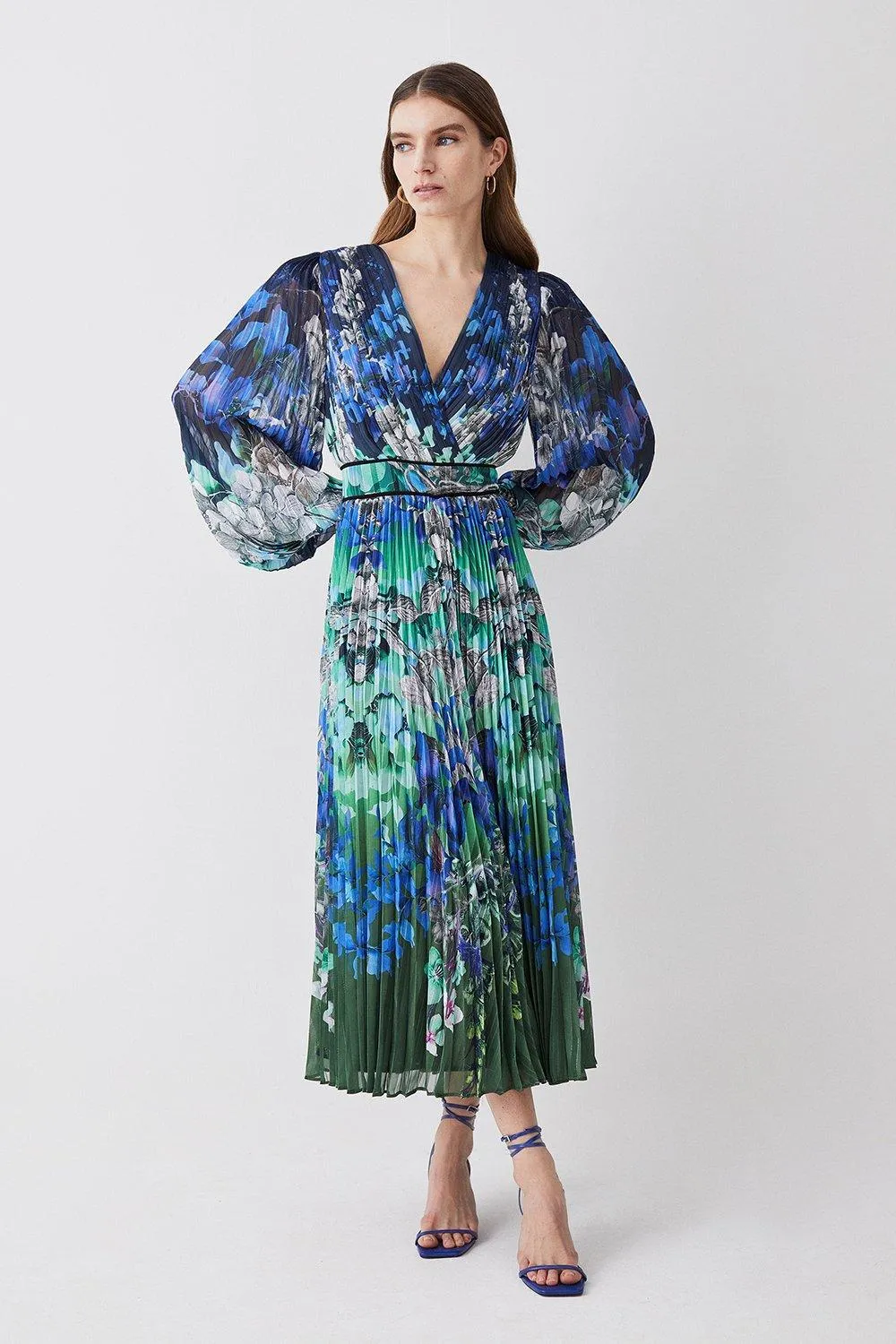 Mirrored Ombre Floral Pleat Drama Woven Midi Dress | Karen Millen