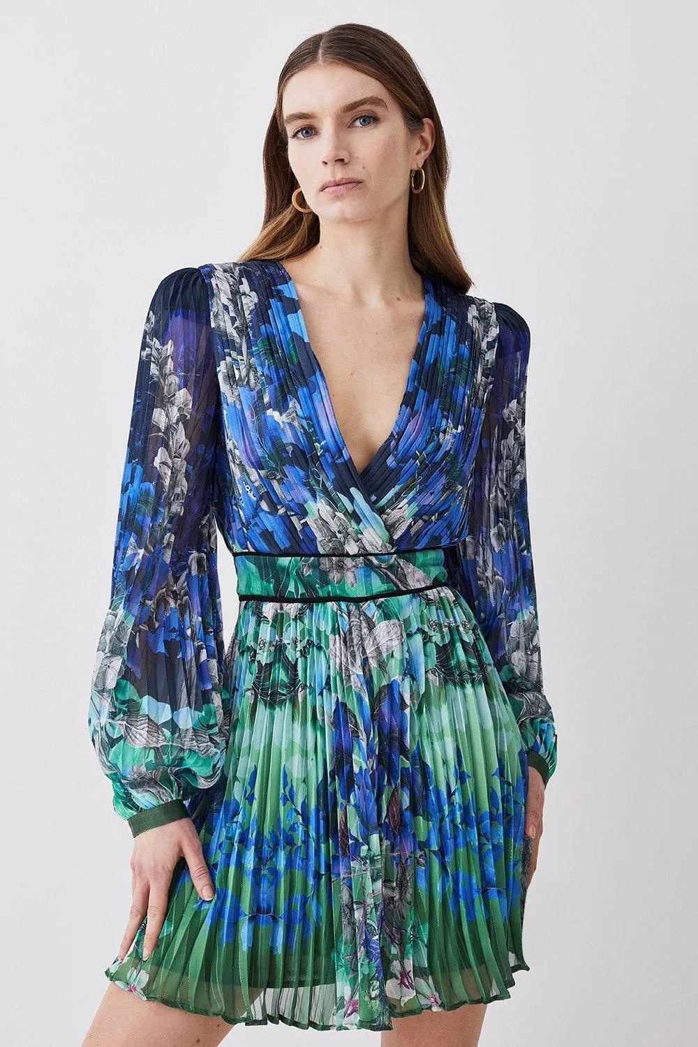 Mirrored Ombre Floral Pleat Drama Woven Mini Dress | Karen Millen