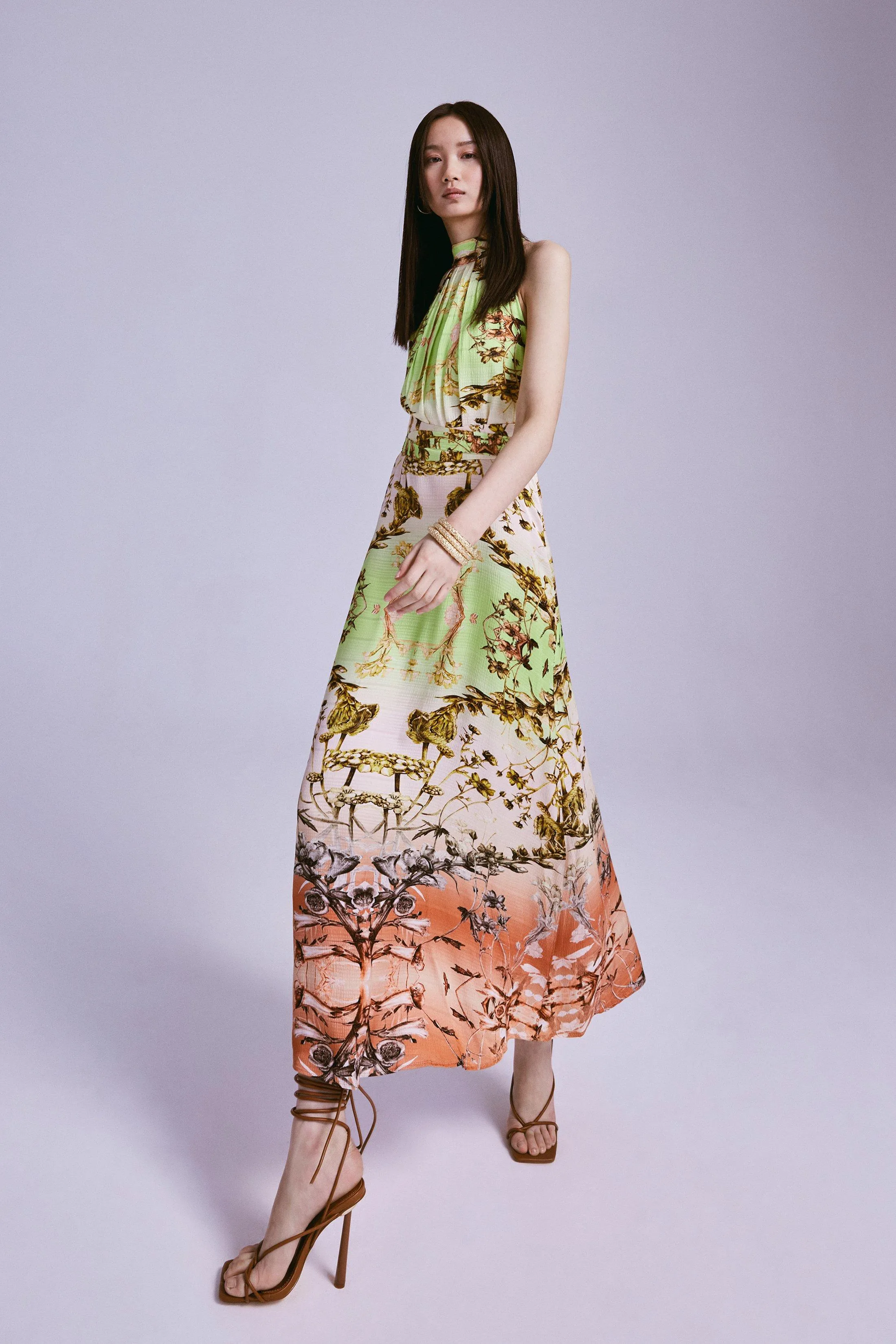 Mirrored Tulipa Print Woven Satin Halterneck Maxi Dress | Karen Millen