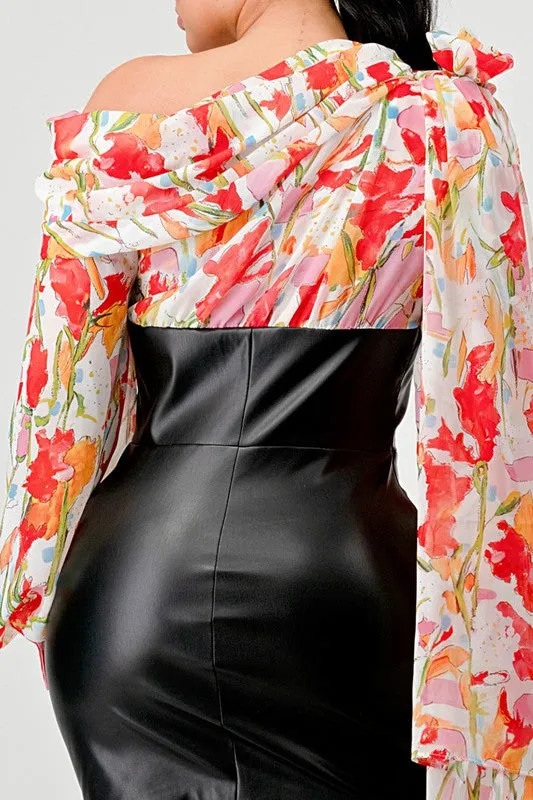 Off-Shoulder Floral Leather Mini Dress