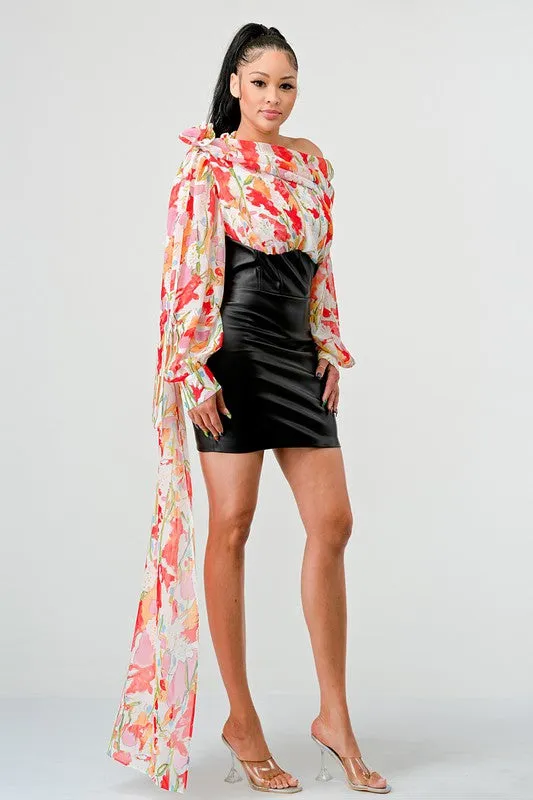 Off-Shoulder Floral Leather Mini Dress