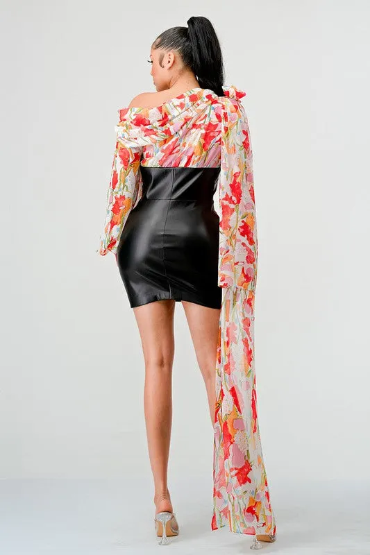 Off-Shoulder Floral Leather Mini Dress