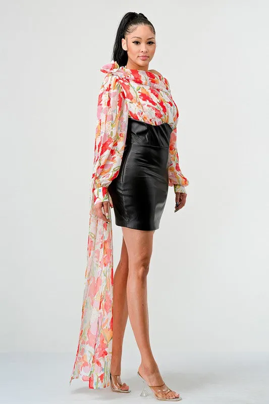 Off-Shoulder Floral Leather Mini Dress