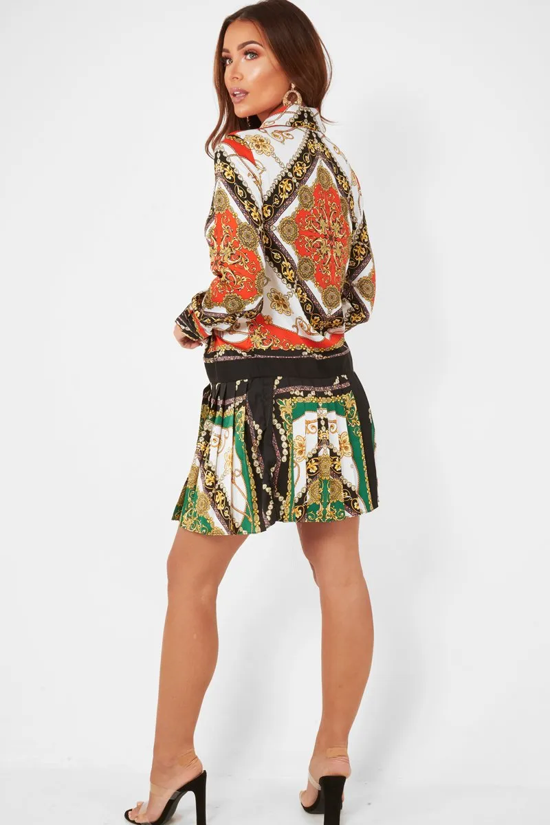 Orange Scarf Print Pleated Hem Shirt Dress - Elzie