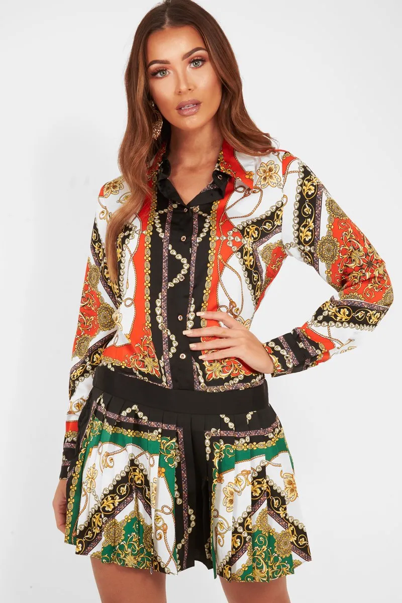 Orange Scarf Print Pleated Hem Shirt Dress - Elzie