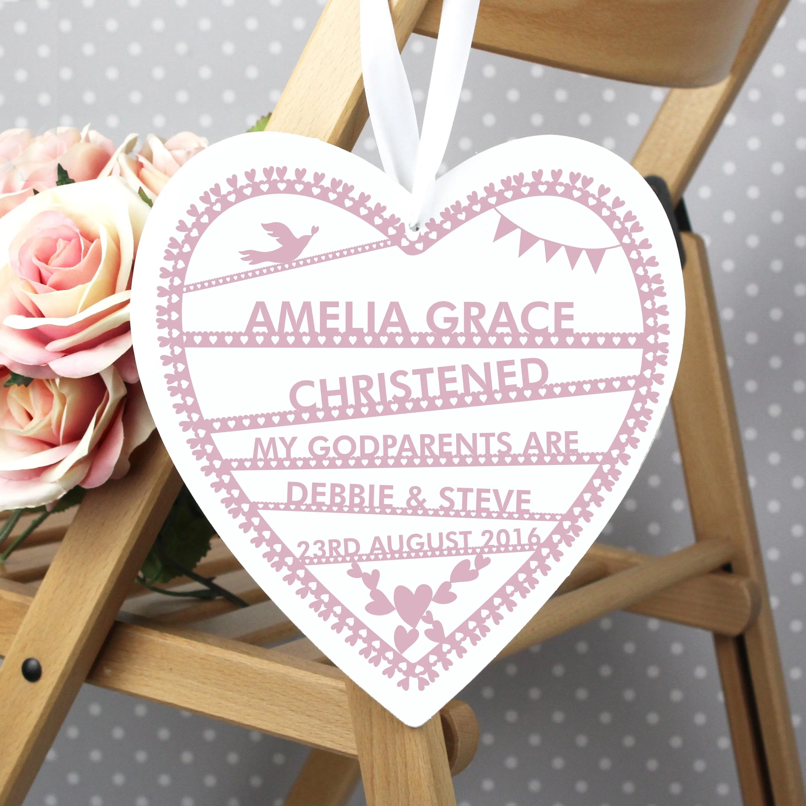 Personalised Pink Papercut Large Wooden Heart Decoration