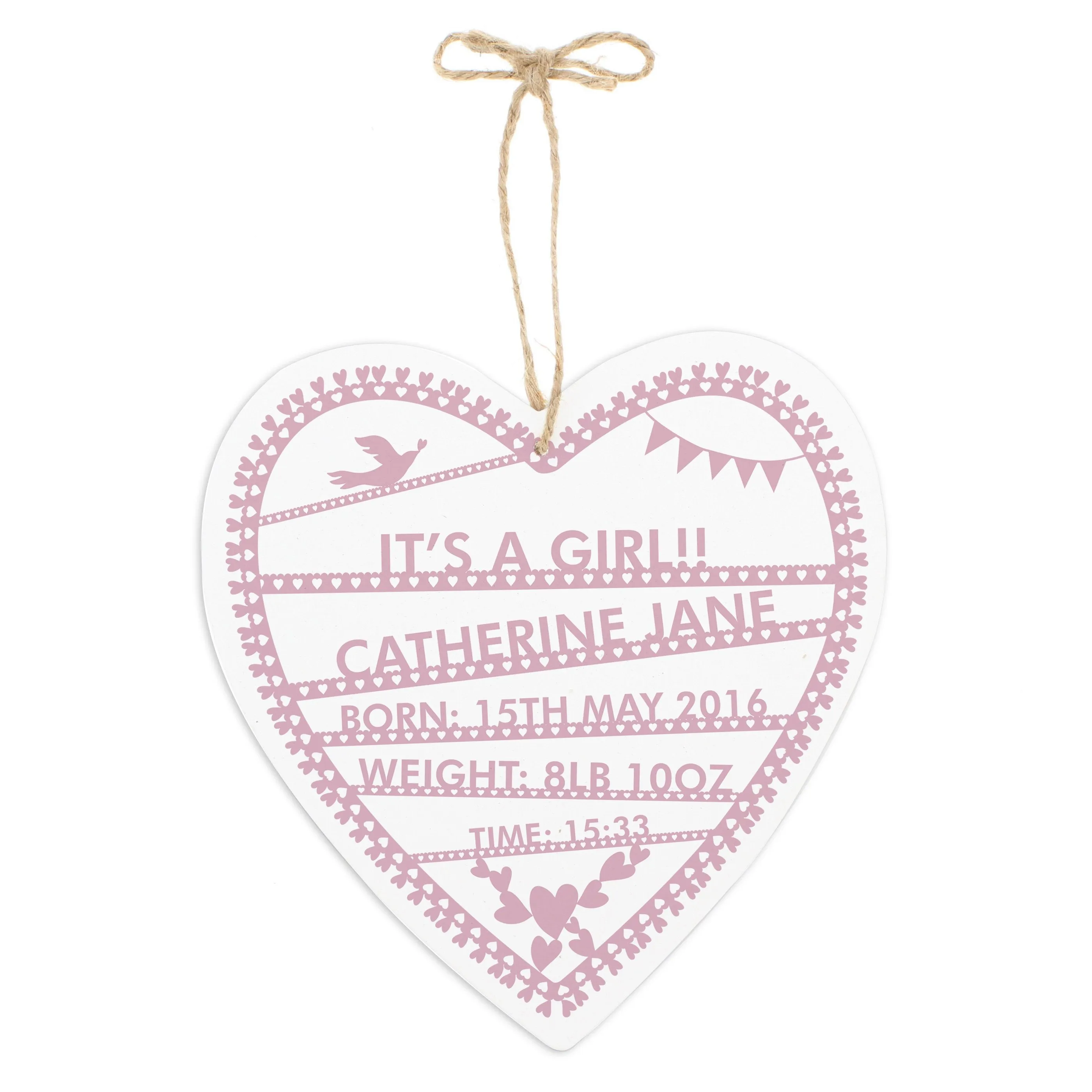 Personalised Pink Papercut Large Wooden Heart Decoration