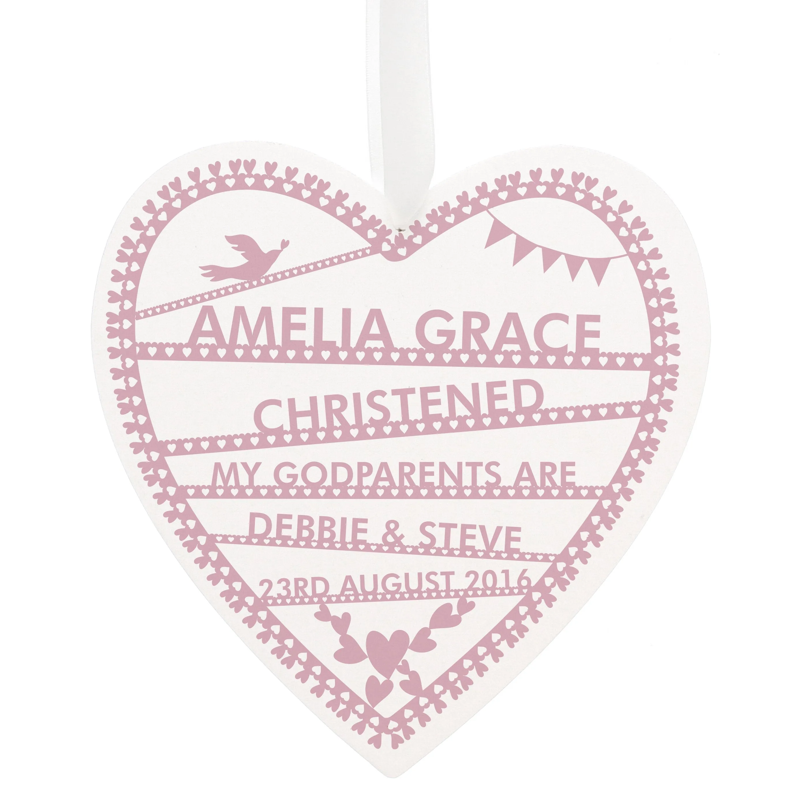 Personalised Pink Papercut Large Wooden Heart Decoration