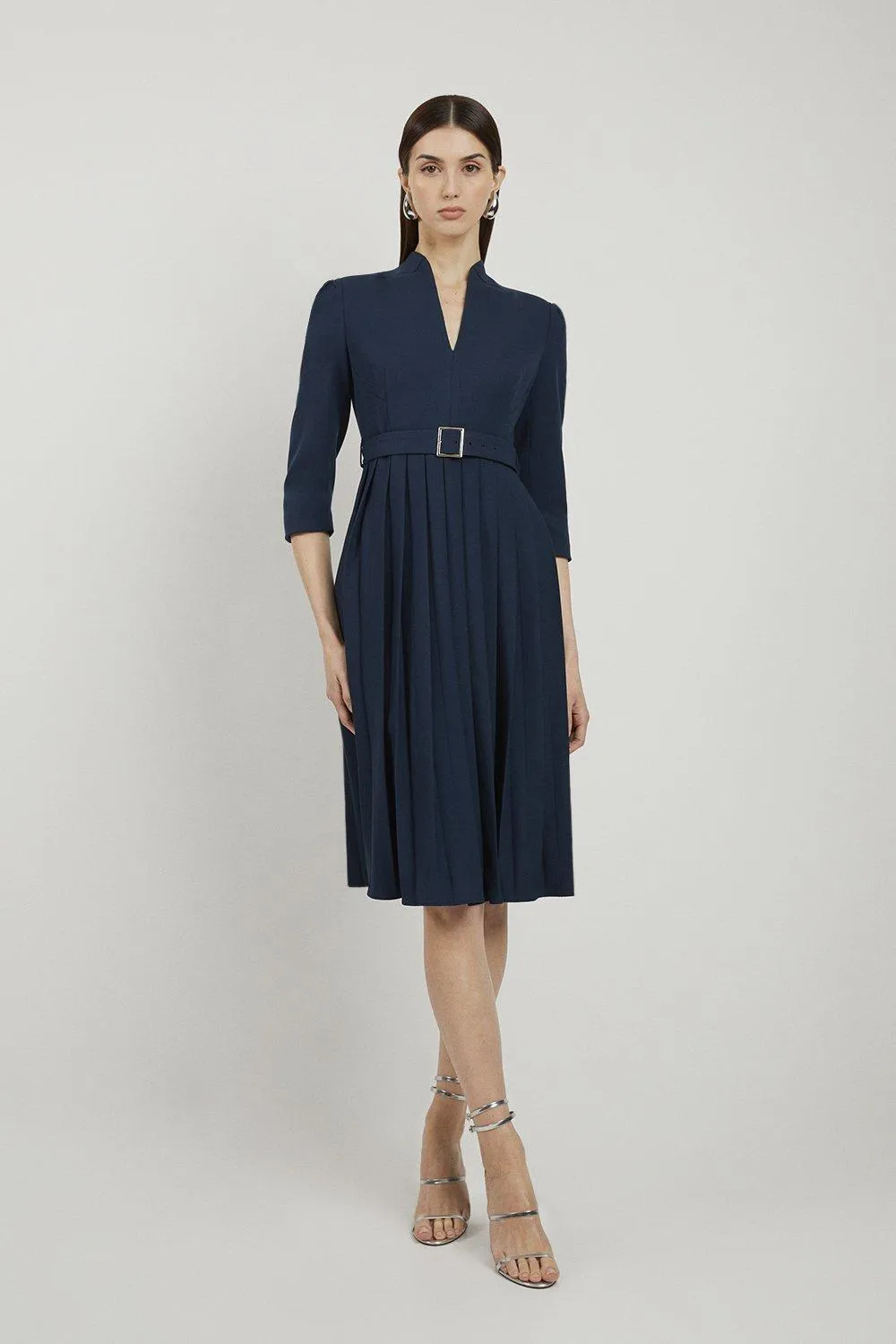 Petite Tailored Structured Crepe Pleated Midi Dress | Karen Millen