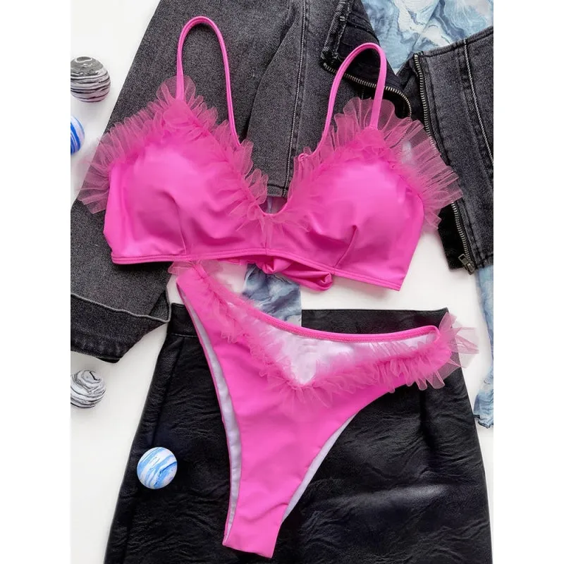 Pink Solid Color Women's Push Up Ruffle Decor Bathing Suit Bikini Set