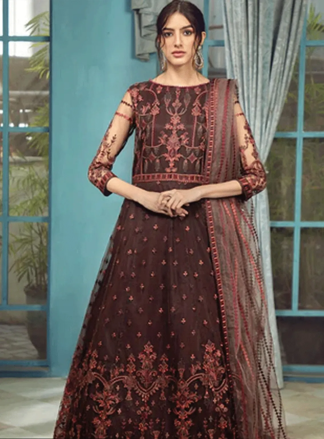 Rangrez By Zarif Embroidered Net Unstitched 3 Piece Suit - ZR-03 CARMEL