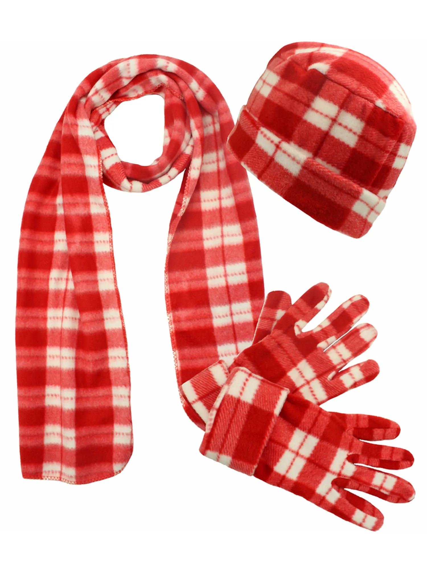 Red Plaid Fleece 3 Piece Hat Scarf & Glove Matching Set