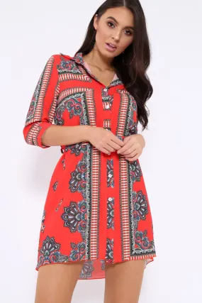 Red Scarf Print Shirt Dress - Kyah