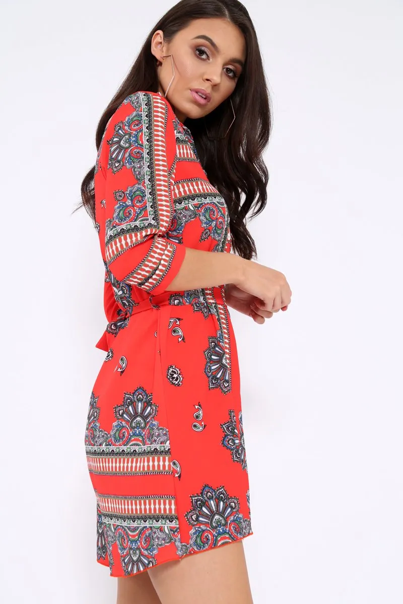 Red Scarf Print Shirt Dress - Kyah