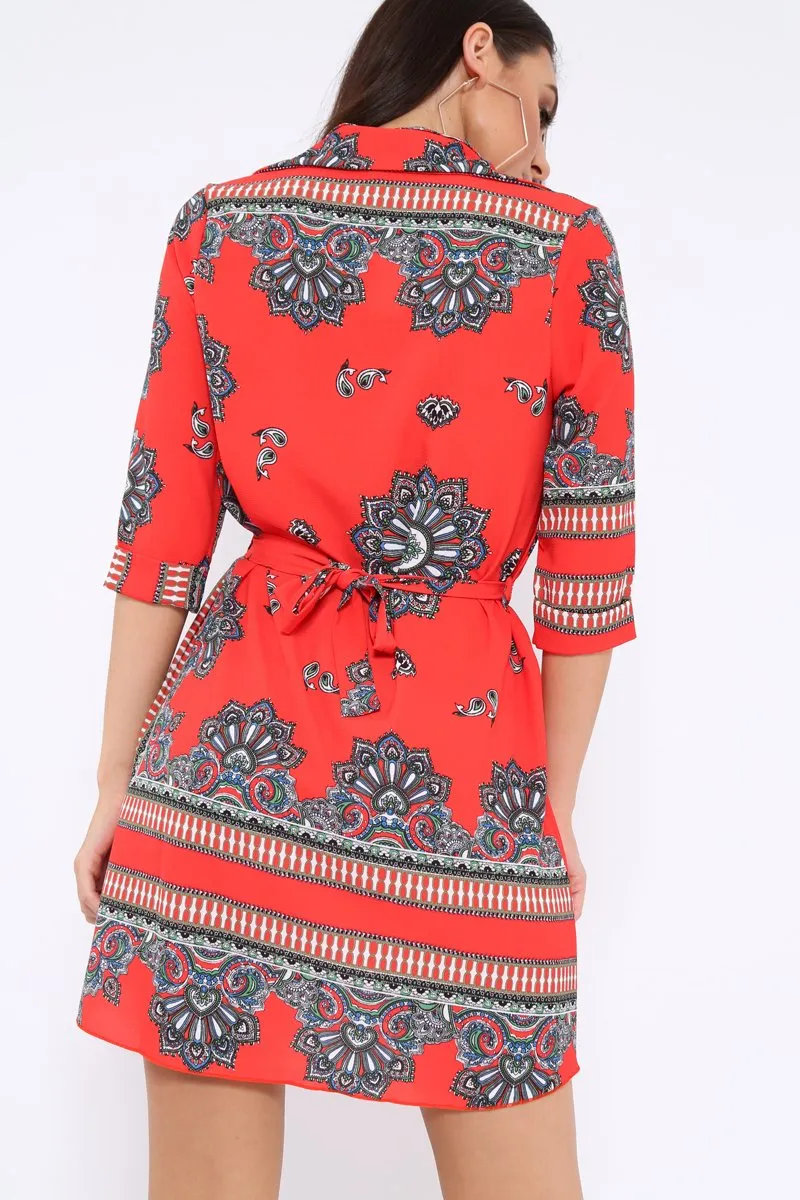 Red Scarf Print Shirt Dress - Kyah