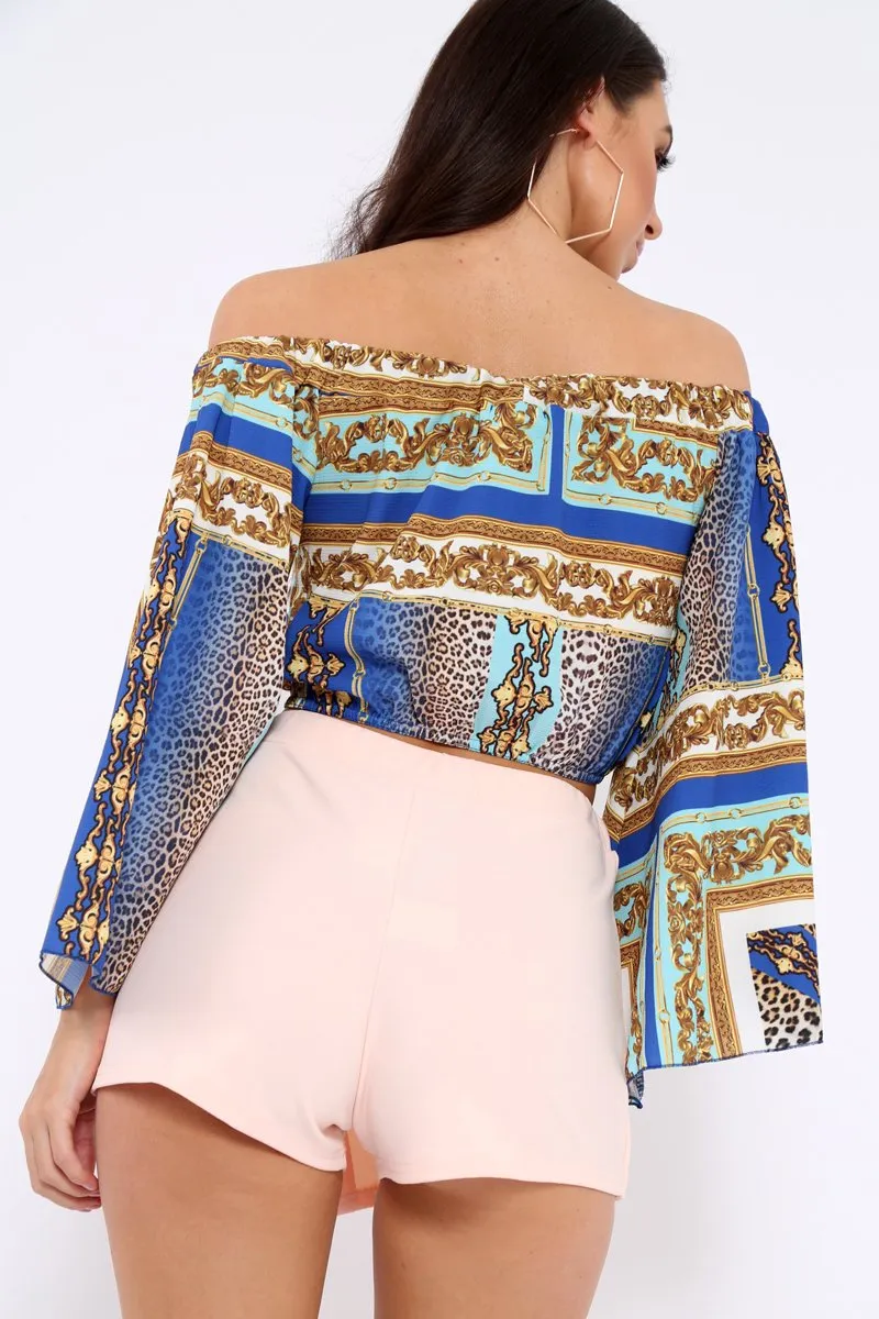 Royal Blue Scarf Print Bardot Top with Flare Sleeves - Skyla