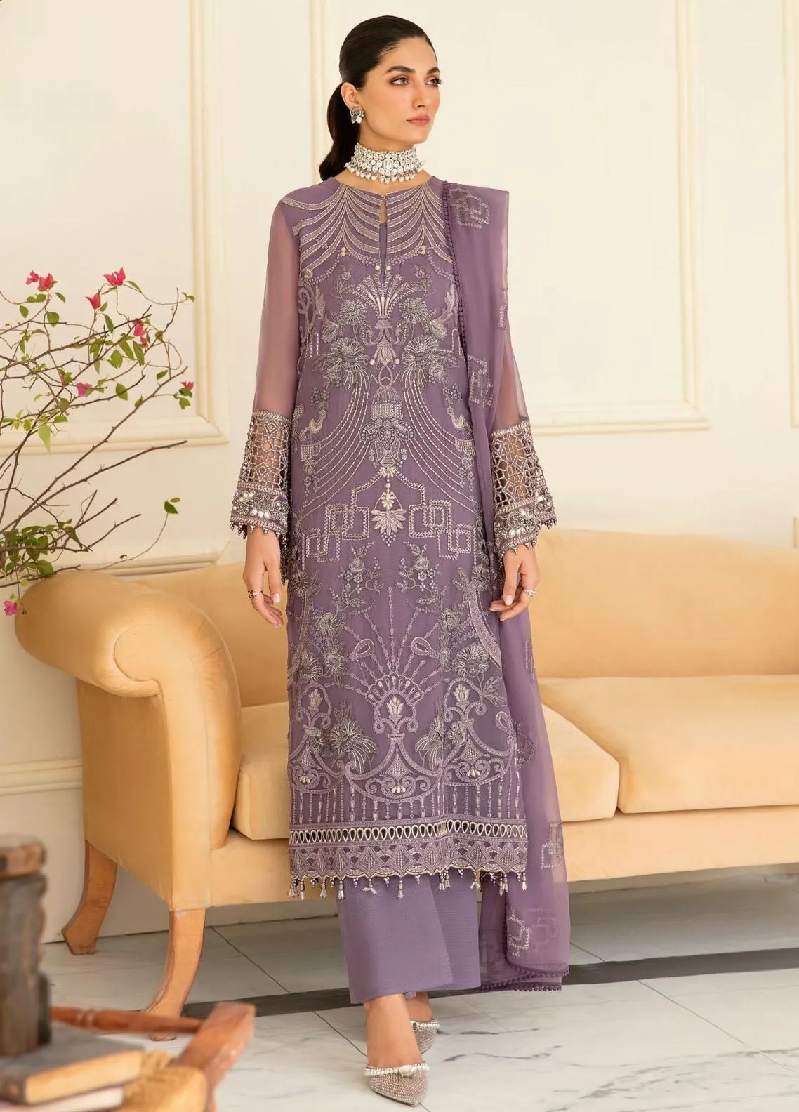 Safeera By Flossie Embroidered Chiffon Unstitched 3 Piece Suit - 04 PERIWINKLE