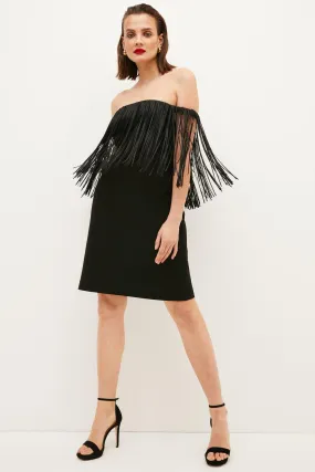 Structured Crepe Fringe Bardot Mini Dress | Karen Millen