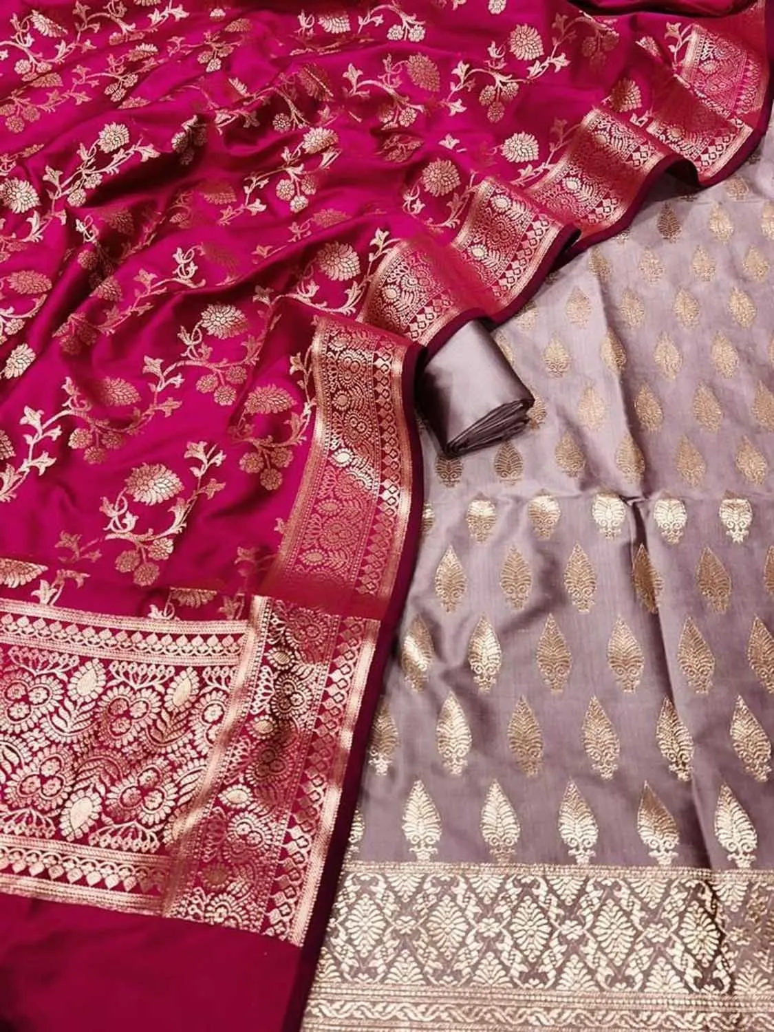 Stunning Pink & Purple Banarasi Silk 3-Piece Unstitched Suit Set