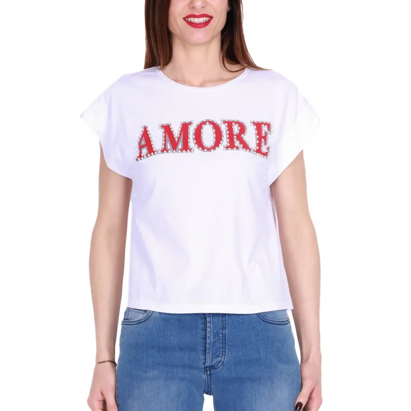 T-SHIRT CON STAMPA E PERLE, BIANCO