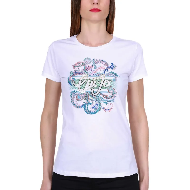 T-SHIRT GIROCOLLO CON STAMPA E STRASS, BIANCO