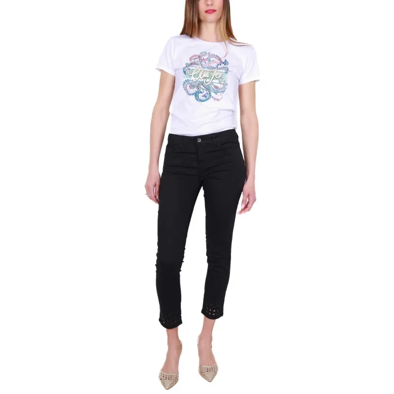 T-SHIRT GIROCOLLO CON STAMPA E STRASS, BIANCO