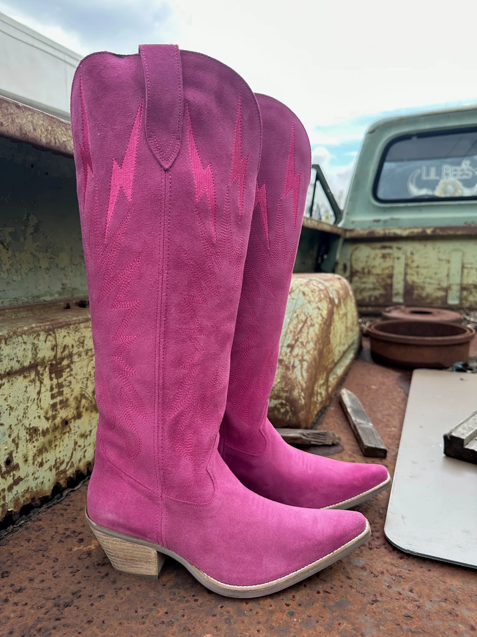 Thunder Road Fuchsia Suede Lightning Bolt Leather Boots (DS)