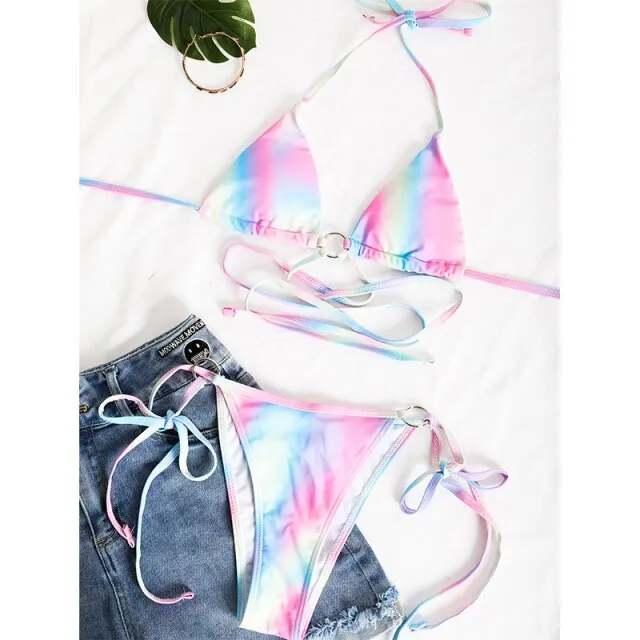 Triangle Multicolor Printed String Lace Up Low Waist 2Piece Bikini Set