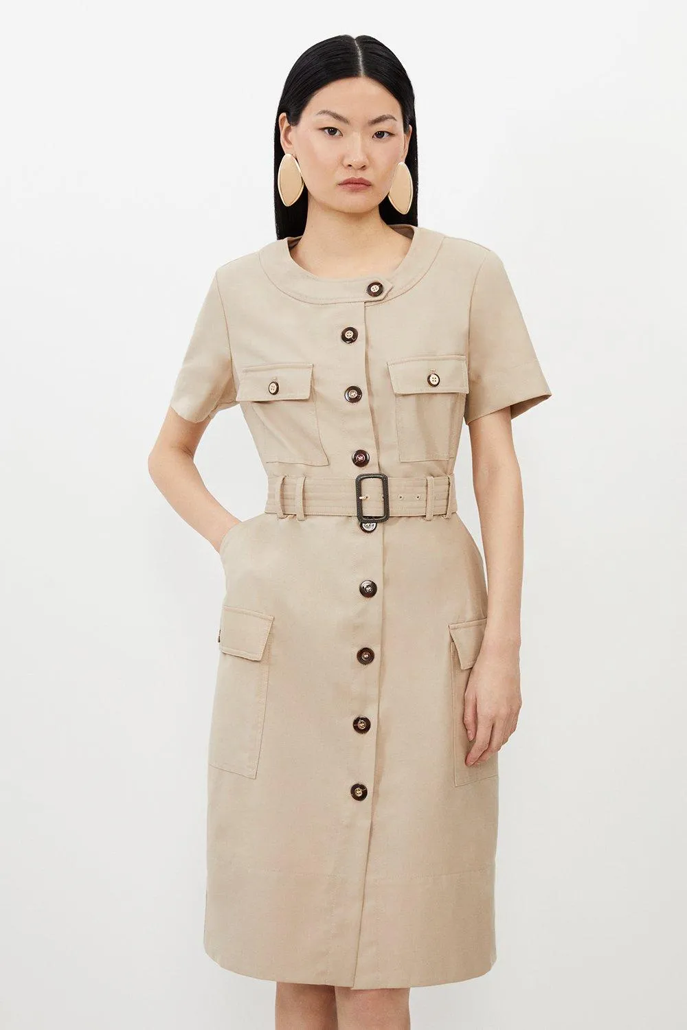 Twill Canvas Cargo Pocket Belted Tailored Midi Dress | Karen Millen