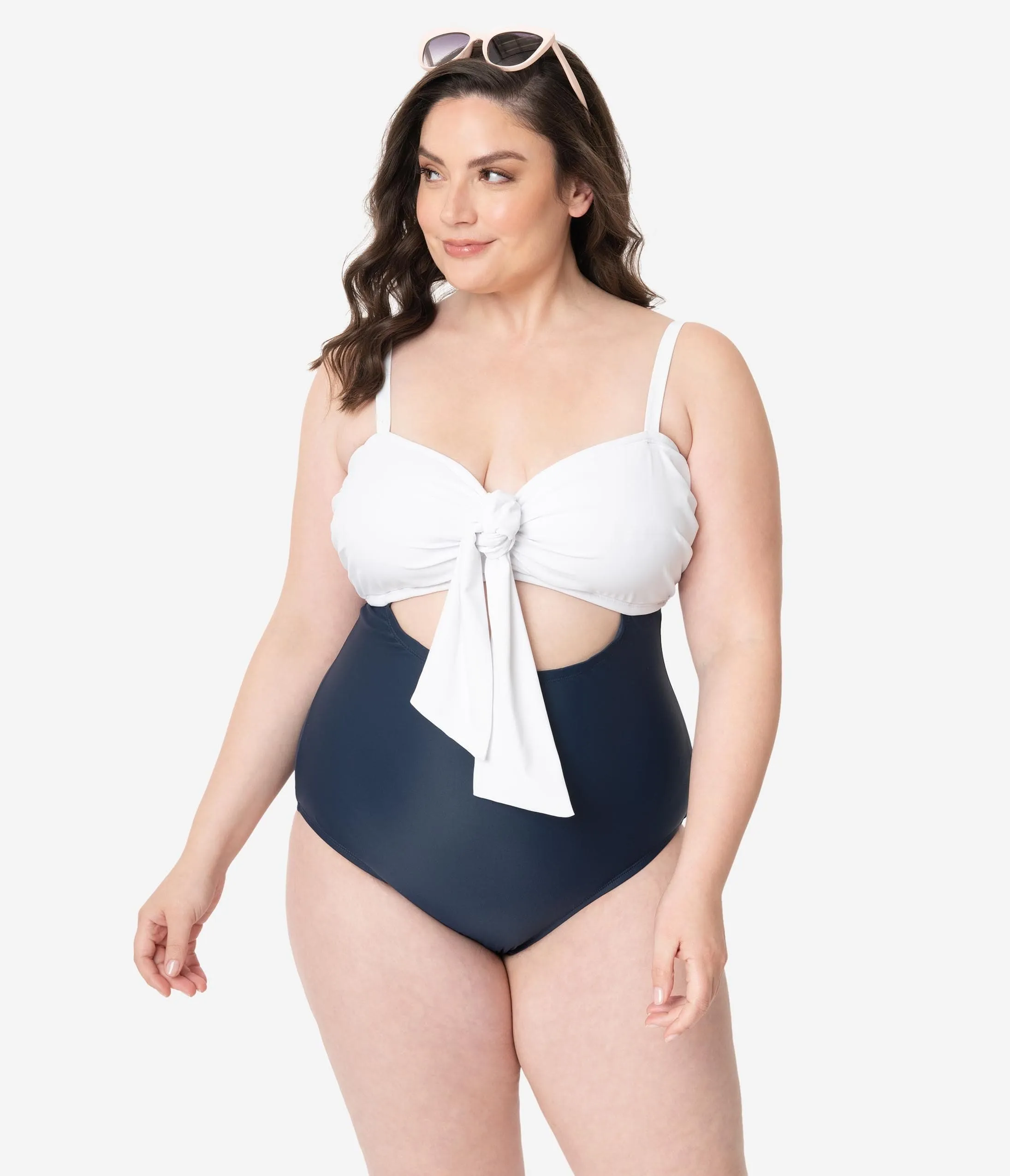 Unique Vintage Navy Blue & White Sweetheart Bow Avila Swimsuit