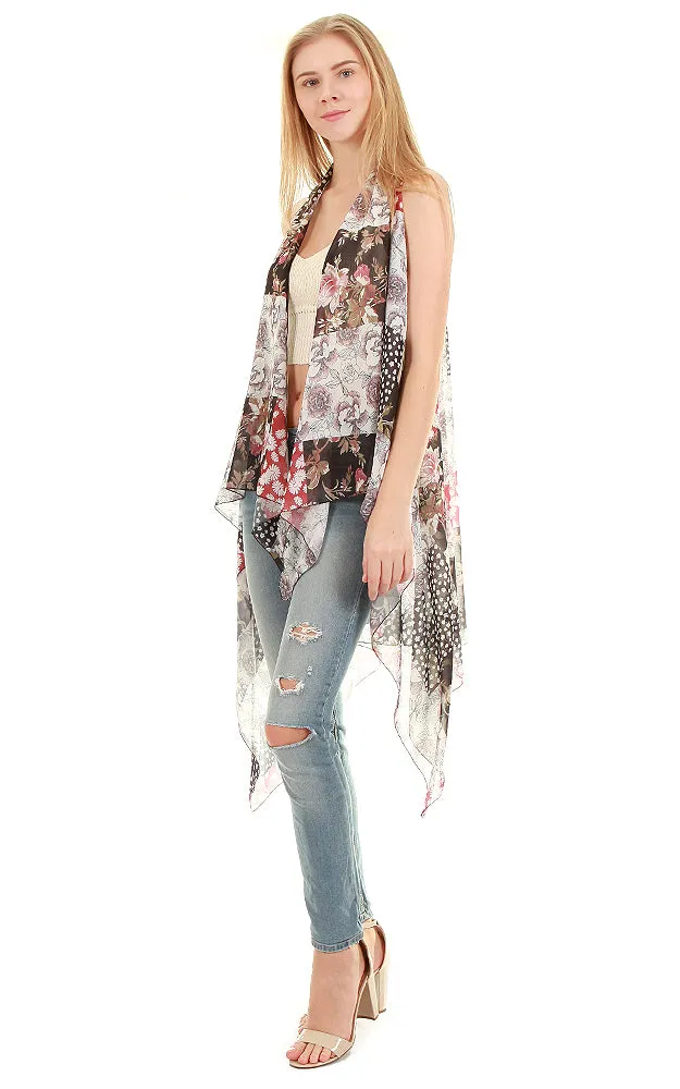 VP8551 Burgundy Patchwork Print Scarf Long Vest