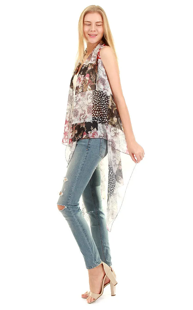 VP8551 Burgundy Patchwork Print Scarf Long Vest