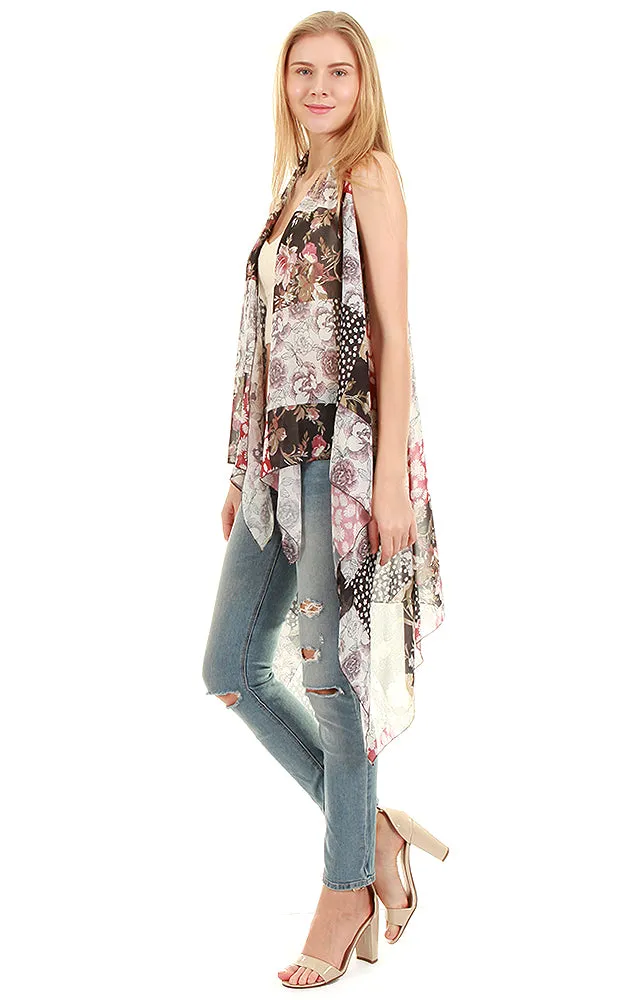 VP8551 Burgundy Patchwork Print Scarf Long Vest