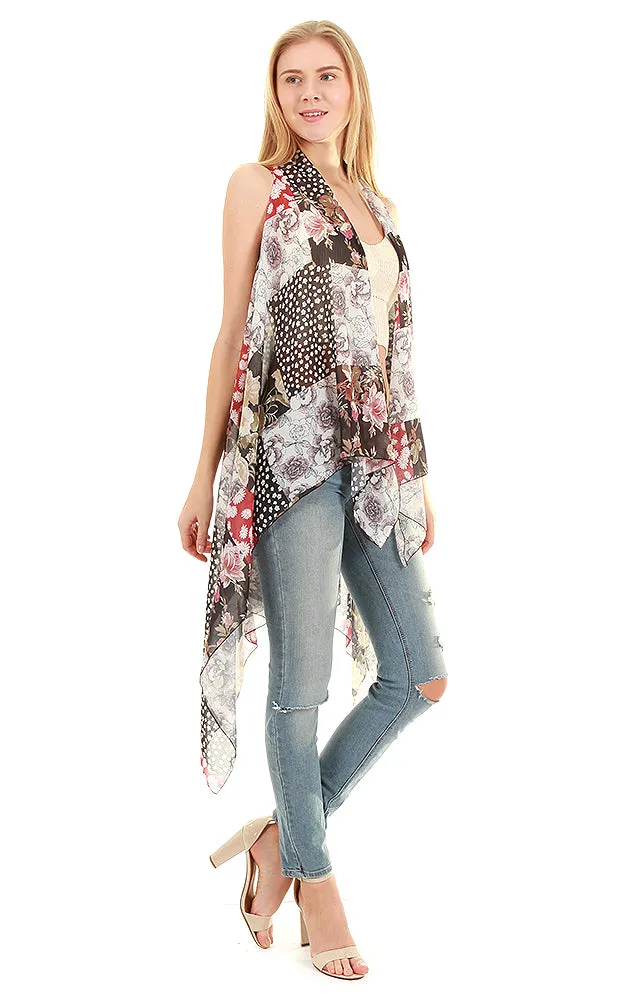 VP8551 Burgundy Patchwork Print Scarf Long Vest