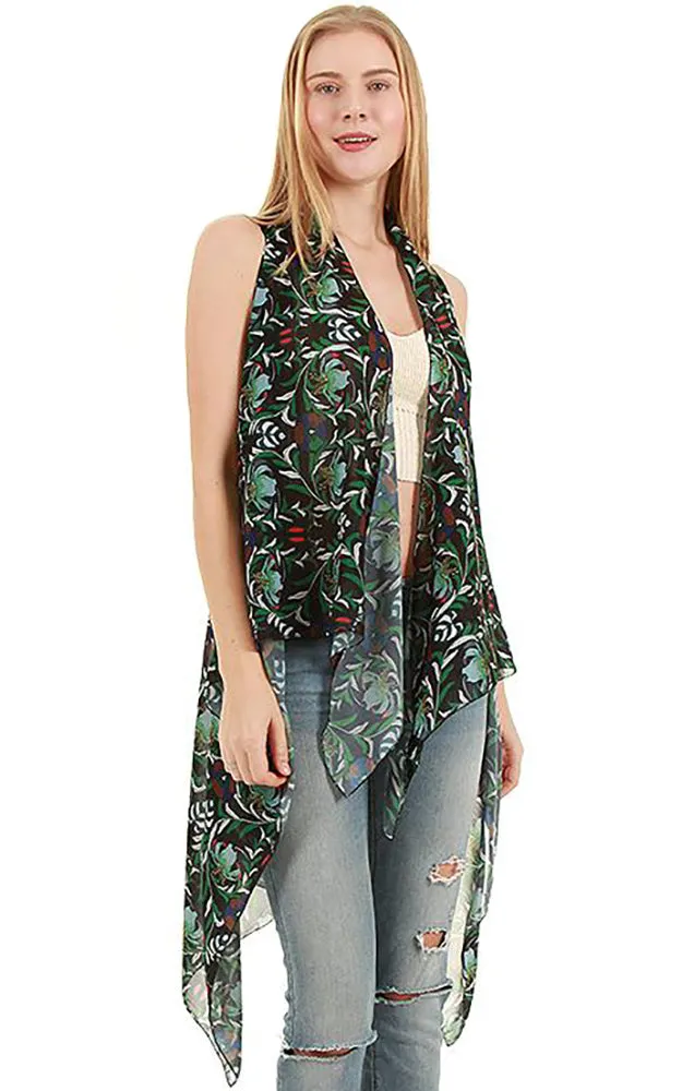 VP8561 Floral Pattern Print Scarf Long Vest