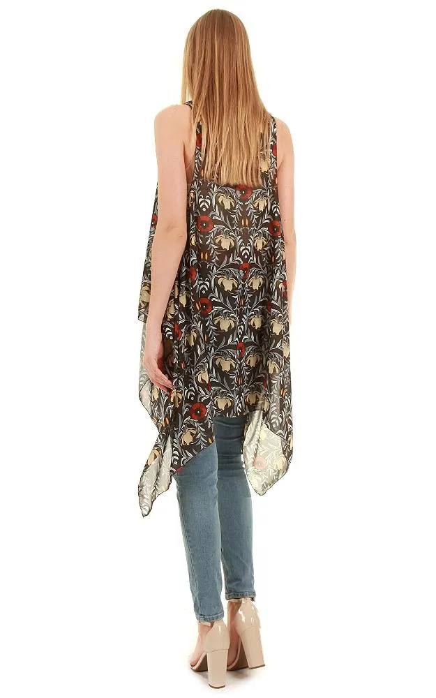 VP8561 Floral Pattern Print Scarf Long Vest