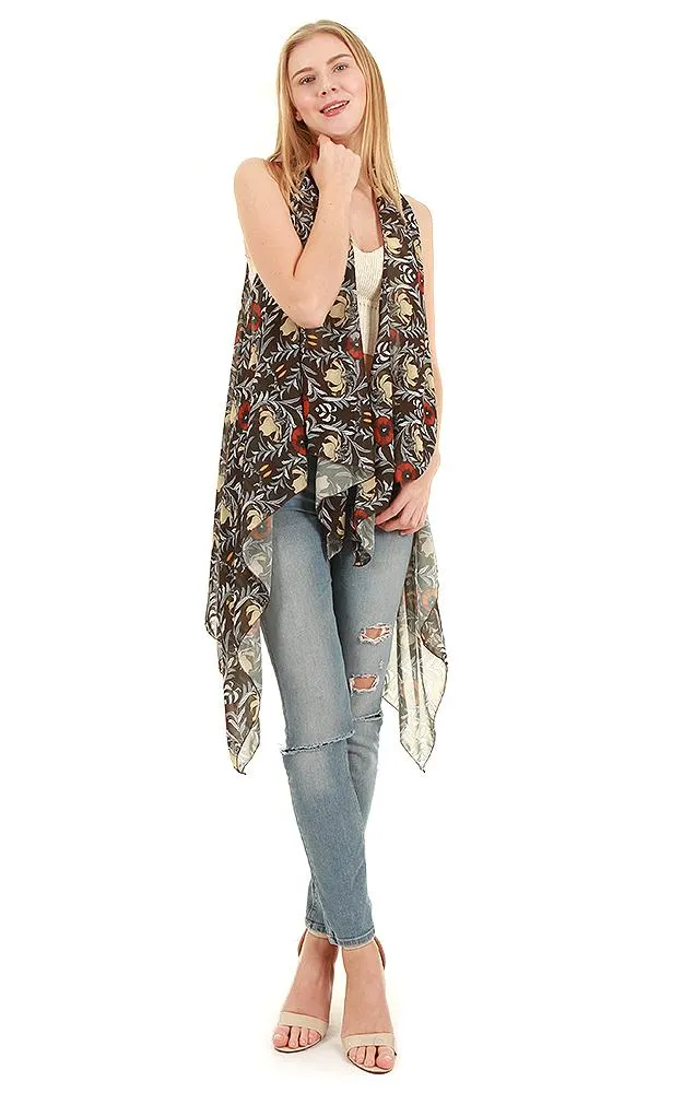 VP8561 Floral Pattern Print Scarf Long Vest