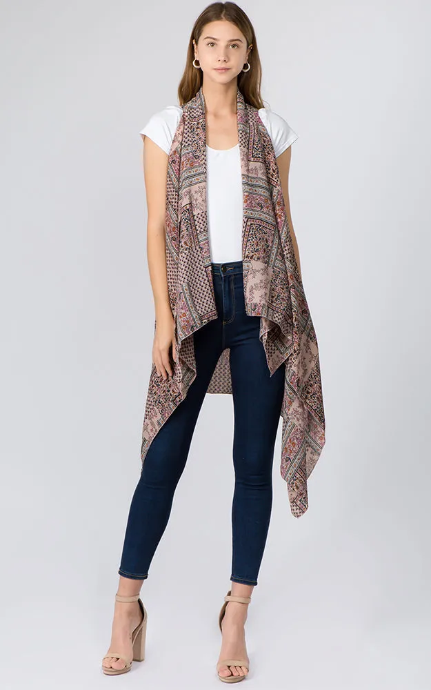 VP91B3 Geometric Floral Long Scarf Vest