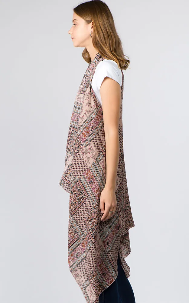 VP91B3 Geometric Floral Long Scarf Vest