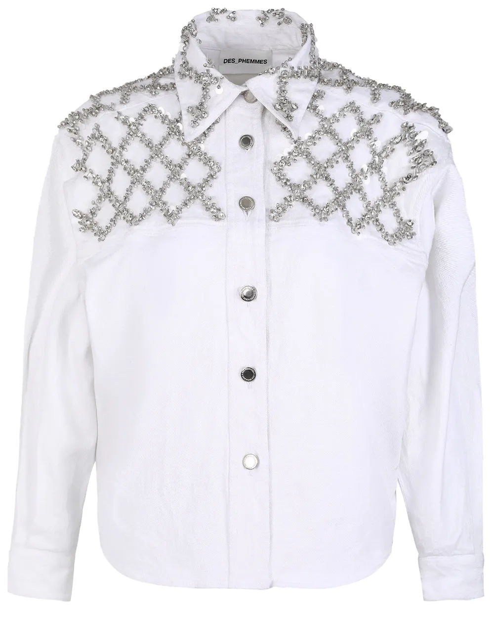 White Crystal Embellished Denim Shirt