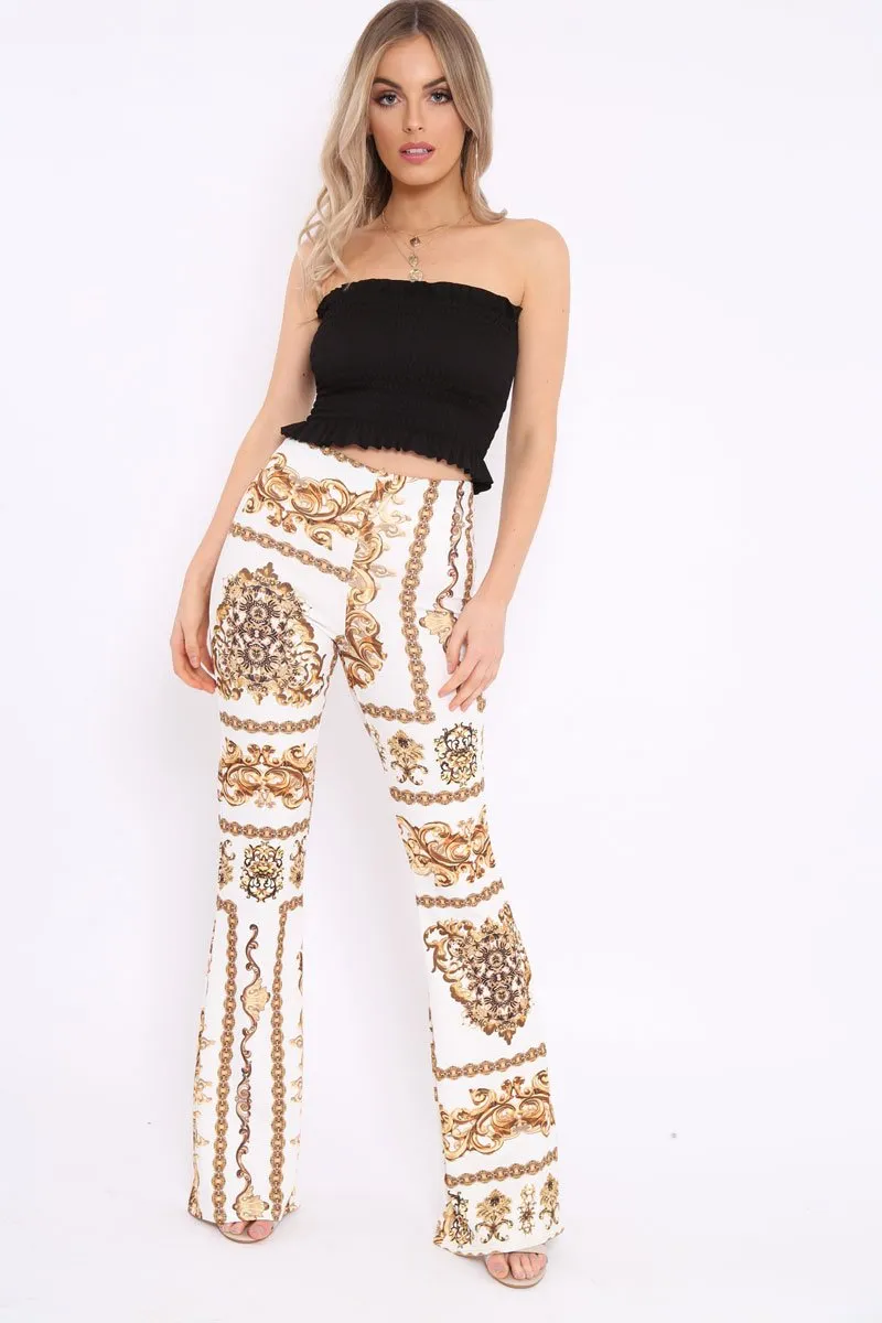 White Scarf Print High Waist Flared Trousers - Aamari